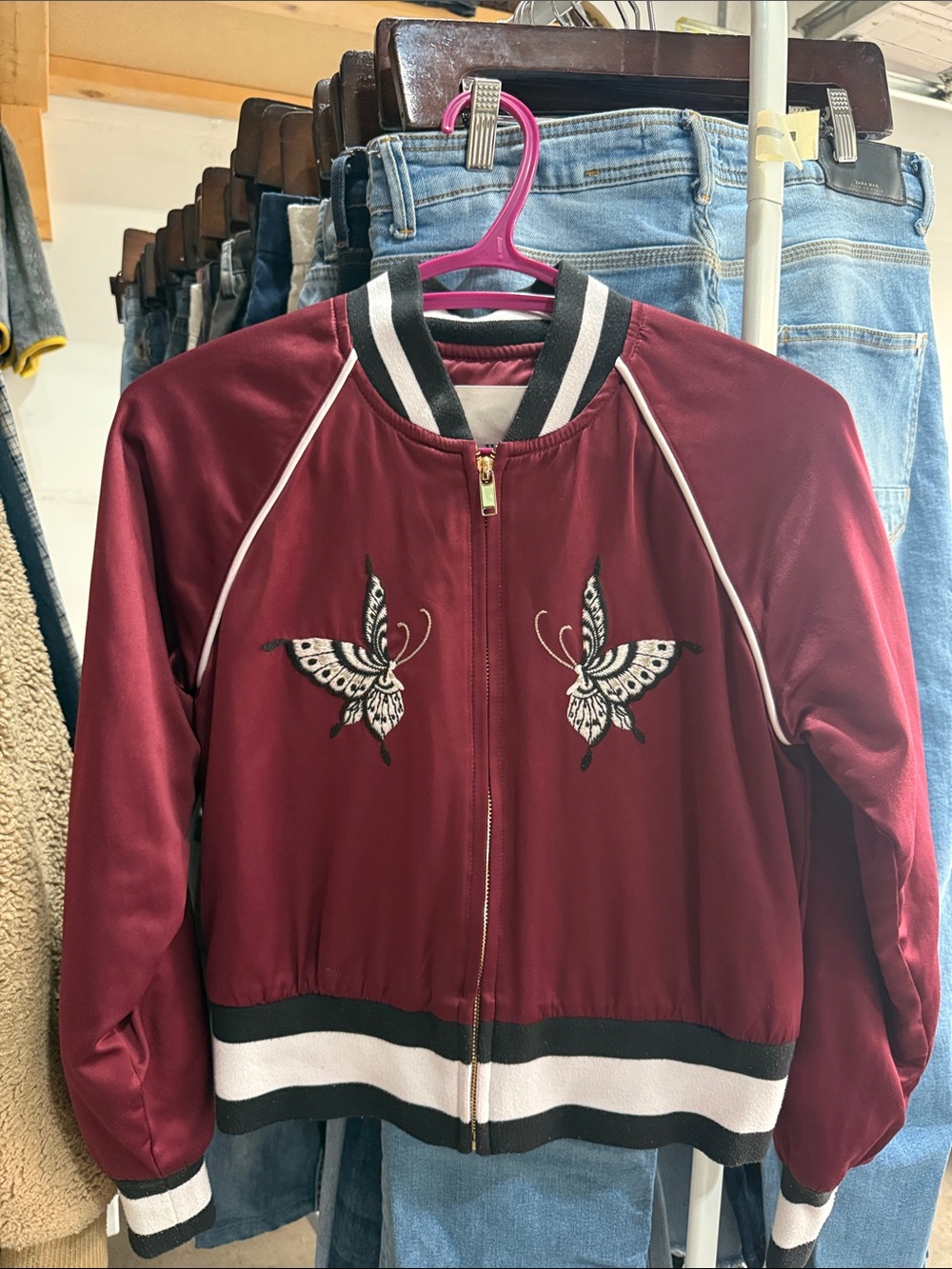 Wilfred Burgundy Satin Varsity Jacket with Butterfly Embroidery